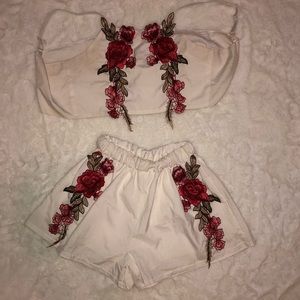 White two piece with embroidered flowers